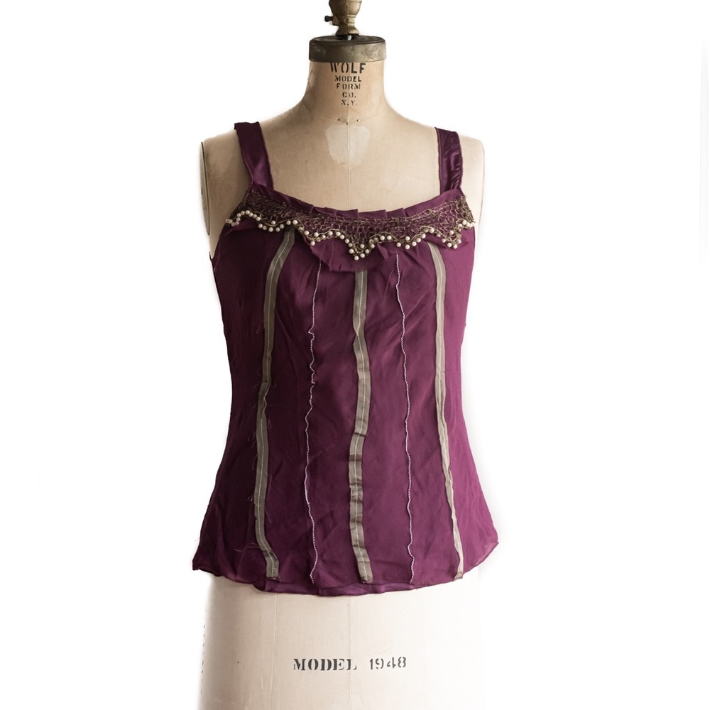 Vintage Anthropologie Lu Lu Lamé Silk Tank w Faux Pearl & Metallic Embroidery
